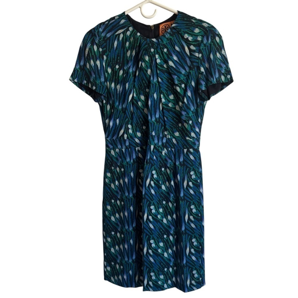 Tory Burch Silk Blue & Green Peacock Patterned Dress, Size 4